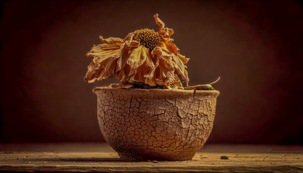 Wilted and dead flower in a cracked pot resting on a wooden surface. Earthy brown tones with soft light and shadow. A still life depicting the finality of life and the beauty in decay. photo