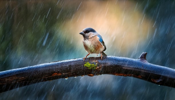 Amid whipping winds and driving rain, a small bird clings to a swaying branch. Fragile yet steadfast, it faces the storm with quiet strength, embodying resilience in the face of adversity. photo