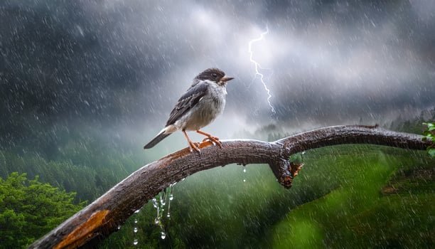 The wind screams, the forest bows, but one bird perches quietly, eyes open, breath steady. Its presence is a whisper of hope proof that even the smallest spirit can weather the storm. photo