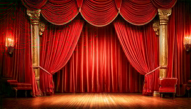 Shadows dance along red velvet folds as a sliver of light spills from beyond the stage. A quiet breath before drama, the golden glow whispers promise, magic just out of reach. photo