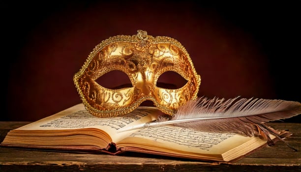 A gilded Venetian mask lies gently atop an open theater script. Nearby, a feathered quill rests in silence symbols of mystery, performance, and the written heart of the stage. photo
