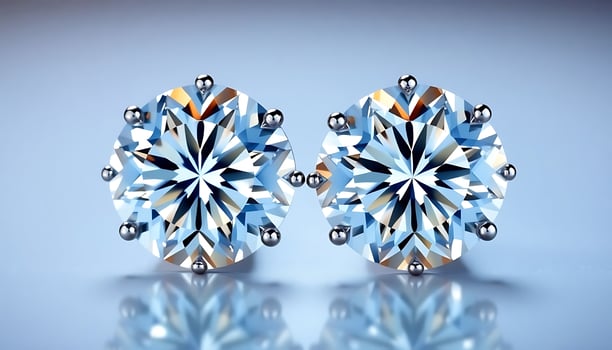 pair of diamond earrings on a reflective surface photo