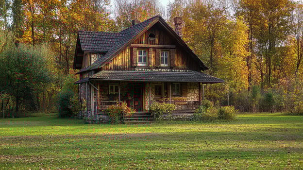 A rustic wooden cabin with a green roof and a porch, surrounded by a lush green lawn and trees in autumn colors. photo