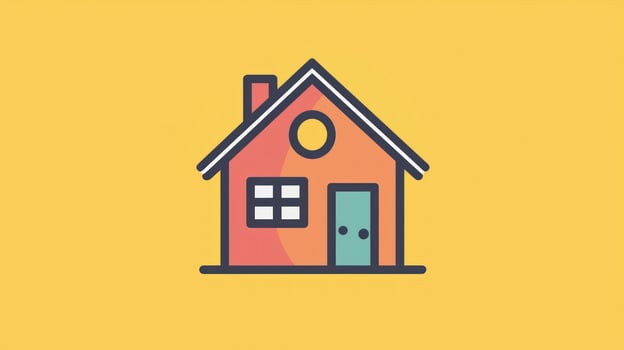 A colorful illustration of a house with a red roof and a chimney, set against a yellow background. photo