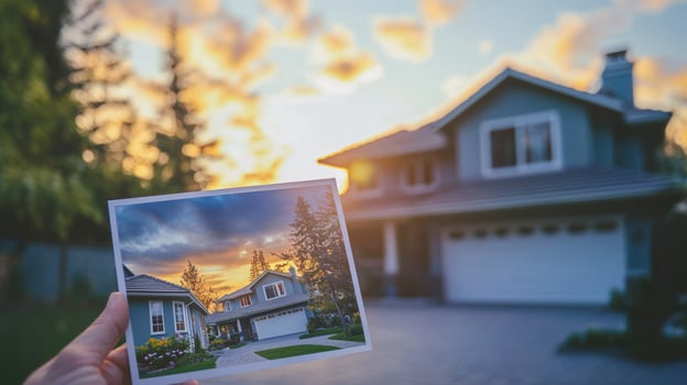 A hand holding a photograph of a house with a sunset in the background, in front of a blurred house with a driveway and trees. photo