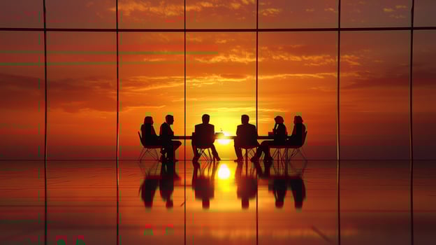 Silhouette of a business meeting in a modern office with a glass wall, featuring a group of five businesspeople in a meeting, with a sunset in the background. photo