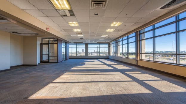 A spacious, empty office with large windows, exposed ceiling beams, and a carpeted floor. photo