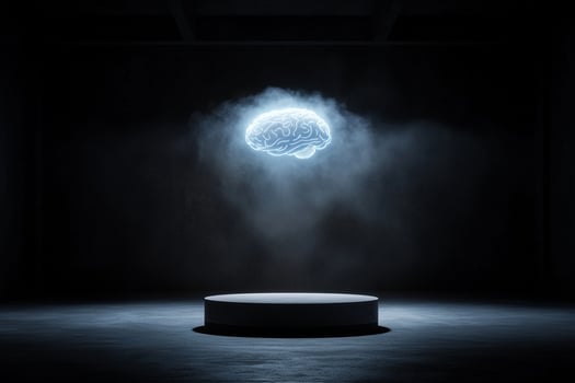 A brain in a dark room with smoke coming out of it photo