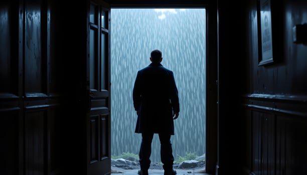 Man in coat contemplating rainy landscape viewed through doorway photo