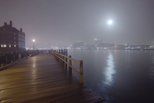 A pier with a moonlight over it at night photo