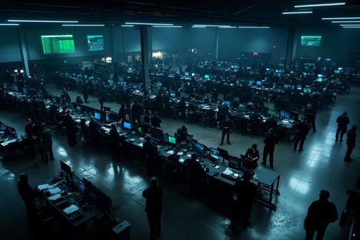 A large room filled with people working on computers photo