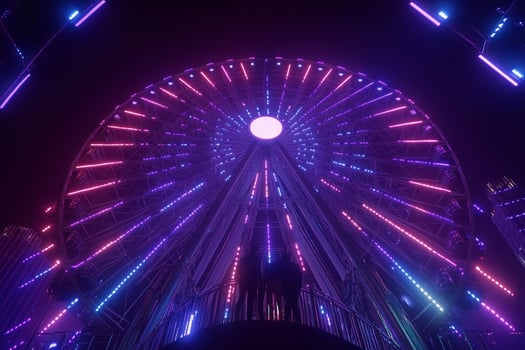 A ferris wheel lit up in purple and blue lights photo