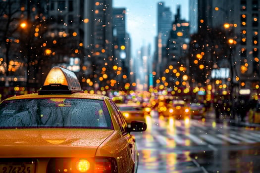 A taxi cab is driving down a city street at night photo