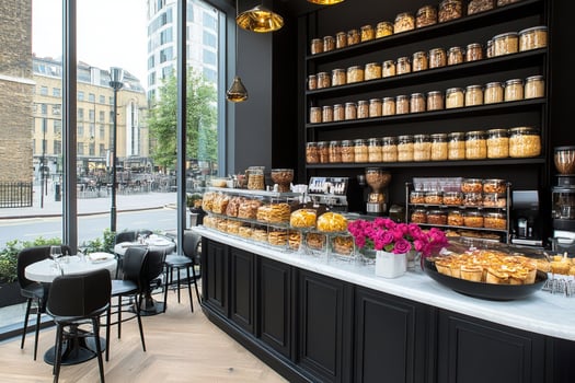 A coffee shop with a large display of food photo