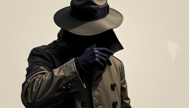 Mysterious Figure in Trench Coat and Fedora Hat Gloved Hands Concealing Identity photo