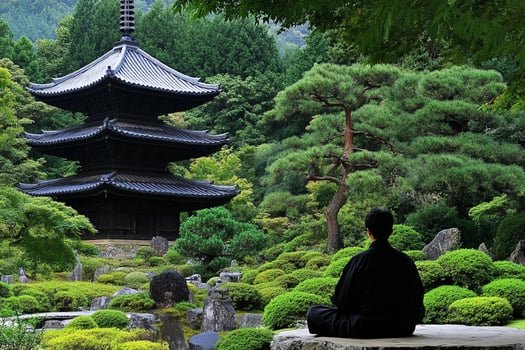 A man sitting in meditation in front of a pagoda photo
