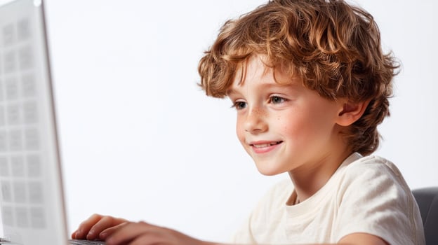 A young boy with curly hair, wearing a white shirt, is sitting in front of a laptop computer on a white background. photo