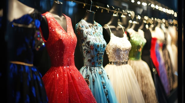 A colorful display of elegant evening gowns on mannequins in a store window. photo
