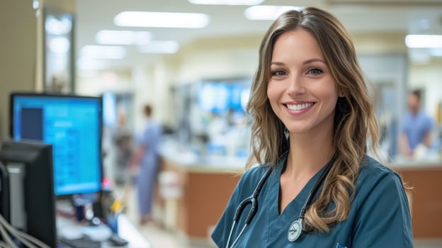 A young, female nurse in a hospital setting, smiling warmly. photo