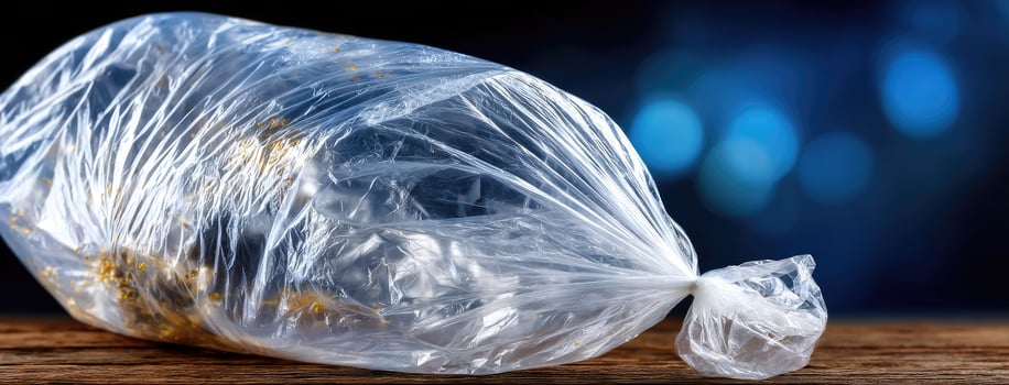 A plastic bag on a wooden table photo