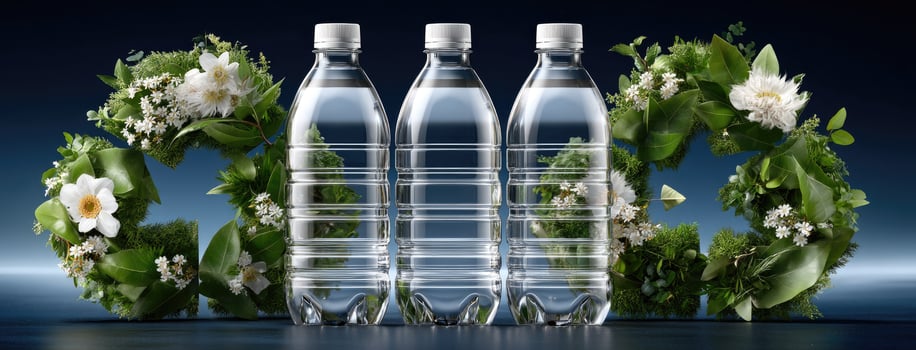 Three bottles of water with flowers in the background photo