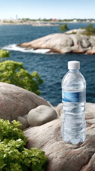 A bottle of water sitting on a rock near the water photo