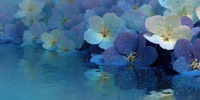 Blue and white flowers bloom near calm water under a misty atmosphere in a tranquil natural setting photo