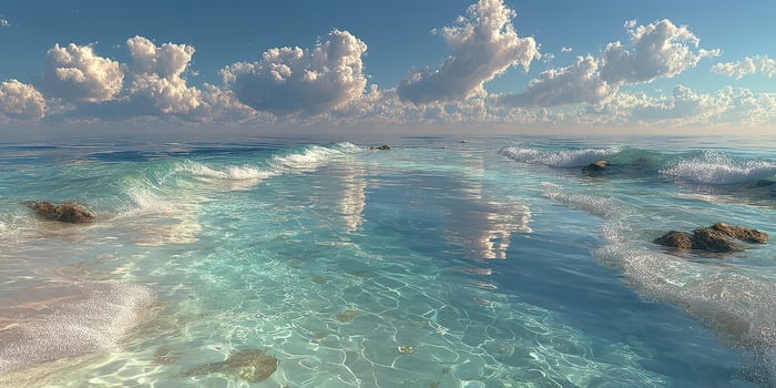 Bright turquoise ocean waters gently lapping against rocks under a partly cloudy sky in a serene coastal setting at midday photo