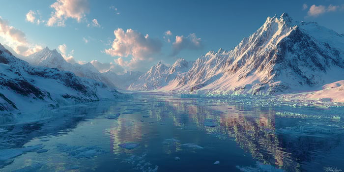 Majestic snow-covered mountains and serene icy river landscape during sunset in a remote wilderness photo