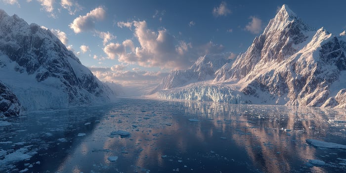 Majestic snow-capped mountains reflect in a tranquil glacial lake under a bright blue sky at sunrise photo