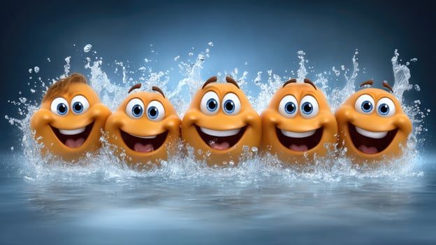 Five orange eggs with faces splashing in water photo