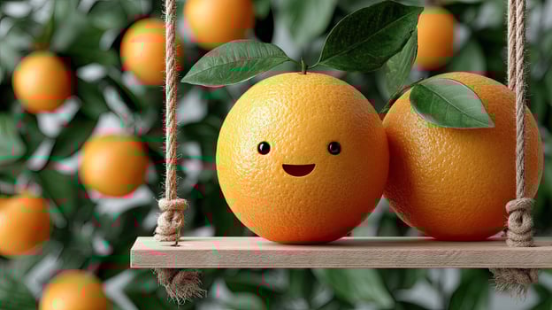 Two oranges are hanging from a wooden swing photo