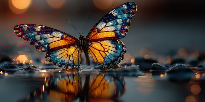 Vibrant butterfly resting on a reflective surface during twilight photo