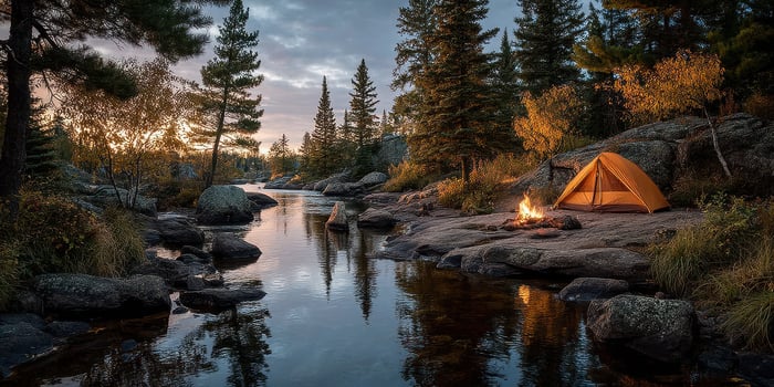 Enjoying a peaceful evening camping by the river in the woods at sunset with a warm campfire glowing nearby photo