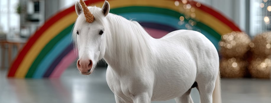 A white unicorn is standing in front of a rainbow photo