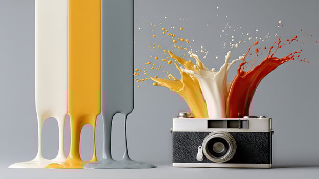 A camera with a splash of paint and a splash of milk photo
