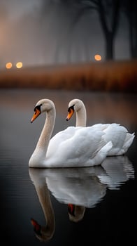 Two swans are swimming in the water at dusk photo