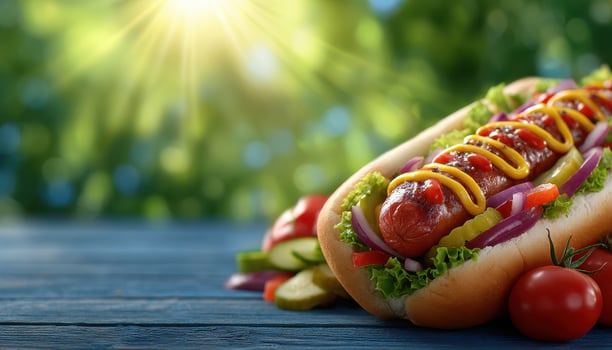 Delicious hot dog picnic feast outdoor park food scene sunny day close-up view family fun photo