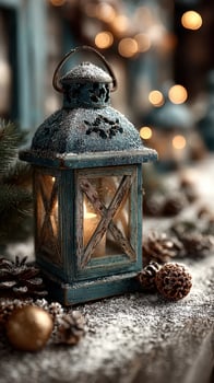 Winter lantern adorned with snow, illuminating pinecones and festive decorations in a cozy setting photo