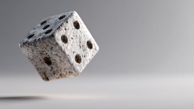 Vintage dice float above a neat surface, showcasing the allure of classic board games in a modern style photo