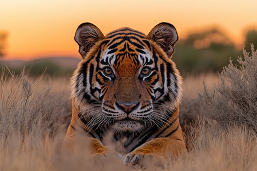 Majestic tiger portrait in golden sunset light. photo