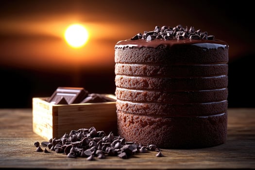 Layered chocolate cake against a sunset backdrop. photo