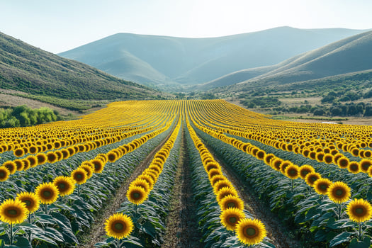 Vast sunflower field stretching towards distant hills. photo