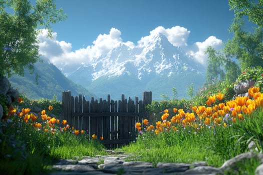 A picturesque mountain vista seen through a rustic garden gate. photo
