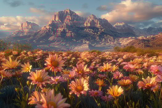 Stunning mountain vista over a field of wildflowers at dawn. photo
