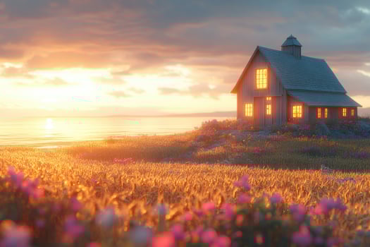 Peaceful wooden house at golden sunset over a field. photo