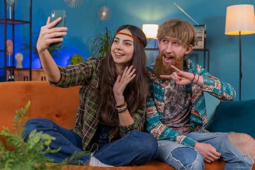 Family marriage couple taking smartphone selfie record social media , sharing news, call online photo