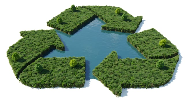 A recycling symbol made of green grass and trees photo