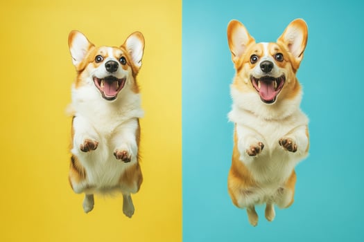 Corgi jumping happily against colorful backgrounds showcasing playful spirit in a studio setting photo