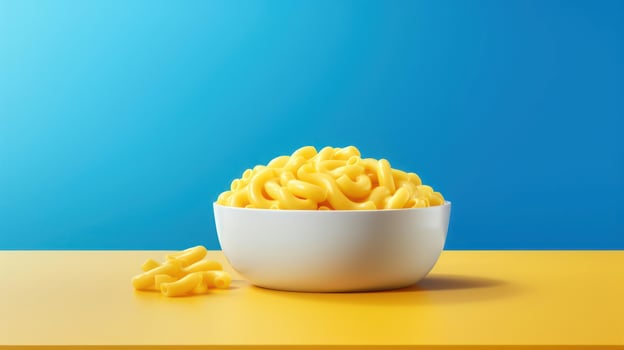 A bowl of macaroni and cheese on a blue and yellow background photo